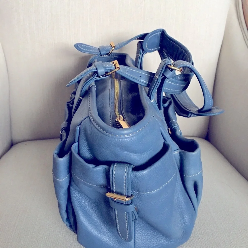 Blue Leather Hobobag with Dual Front Pockets